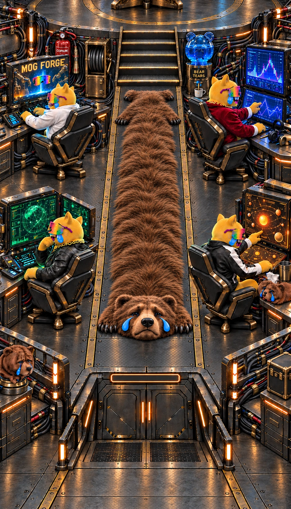 Four yellow Moggers in different uniforms at their command stations. The upper-left screen is MOG Forge, a rainbow moggles manufacturing chamber.