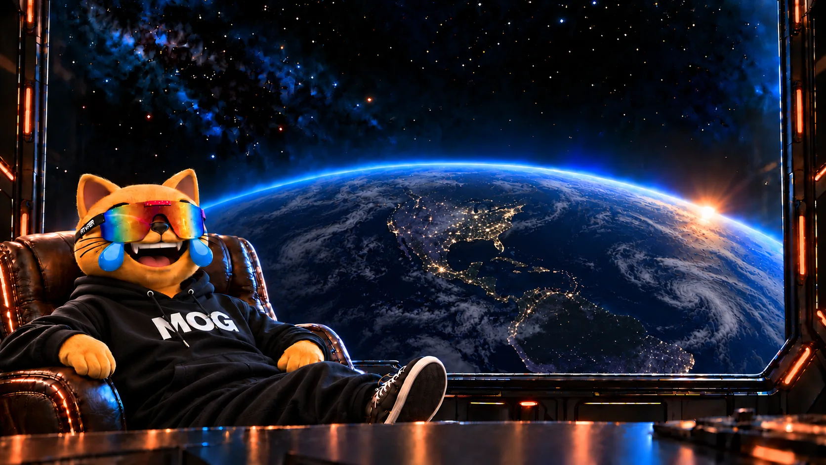 The yellow MOG mascot with rainbow moggles and blue tears, relaxing in the command chair above Earth.